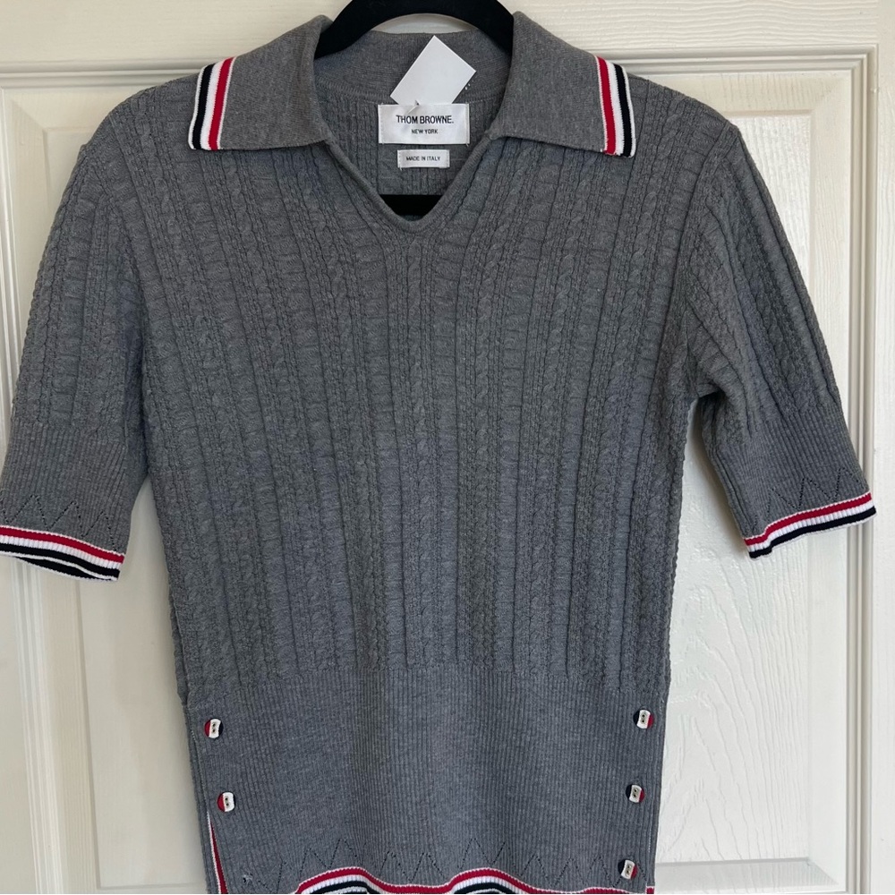 Quiet Luxury Old Money SZ 0 Thom Browne Gray Cable Knit Polo Top Tricolor Trim